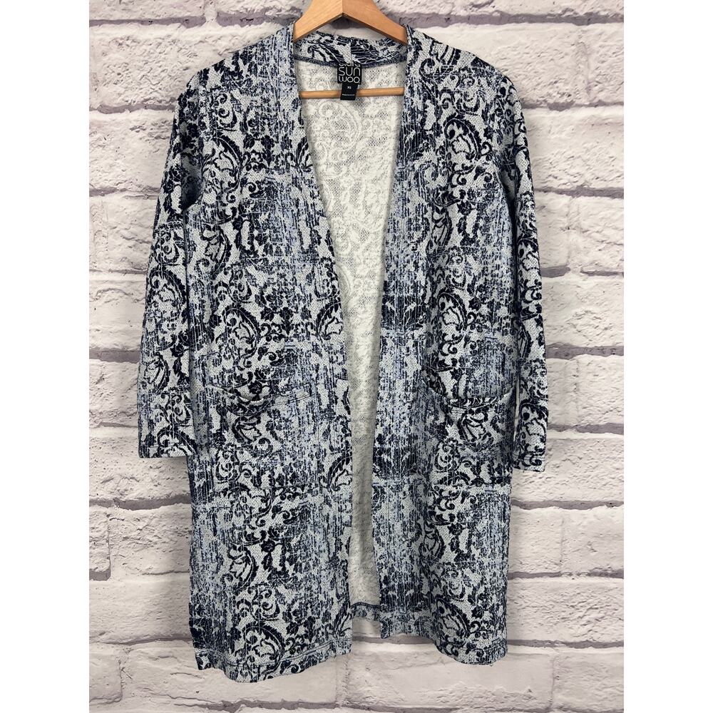 CLARA SUN WOO Women's XS Ornate‎ Paisley Damask Knit Open Patch Pocket Cardigan - Picture 2 of 10